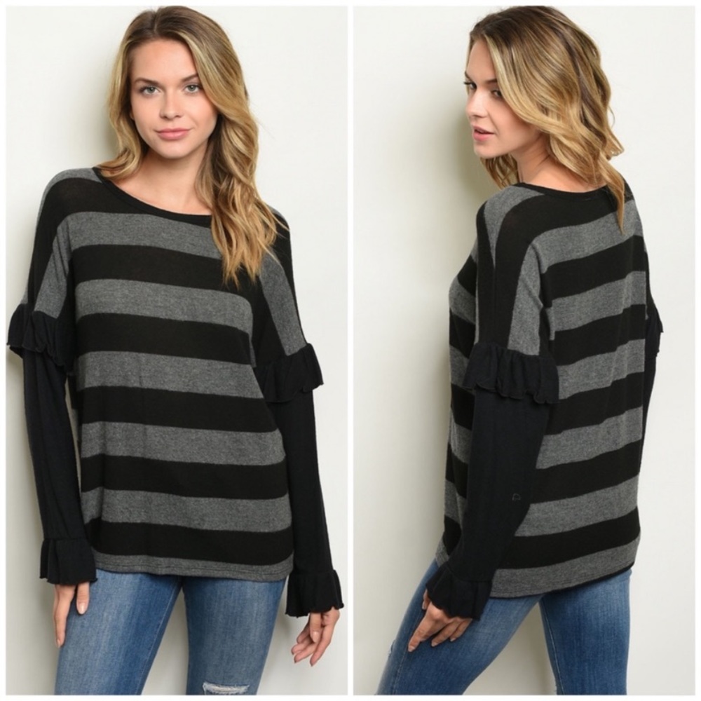 ❄️BLACK GRAY BOLD STRIPED TOP - Picture 3 of 7